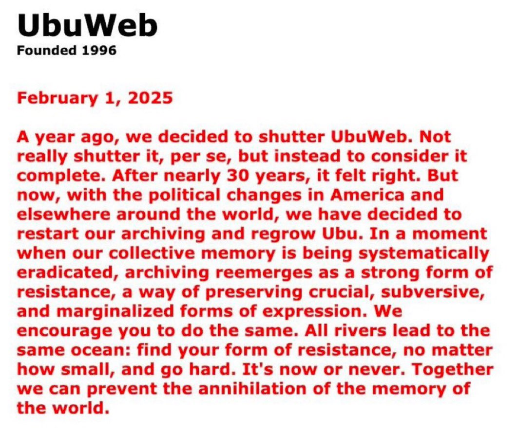 26mfhpod's tweet image. this is good, I hit UbuWeb on a regular basis, it’s tons of fun getting lost over there, glad they are getting back at it

ubuweb.com/film/