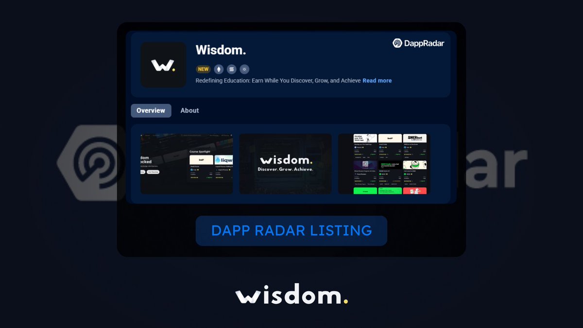 💻Wisdom. Listing on DappRadar 💻
We are thrilled to announce that Wisdom has been listed on <a href="/DappRadar/">DappRadar</a>, the largest Dapp Browser in the world!

Making us visible to hundreds of thousands of new users, our mission to revolutionize education continues!