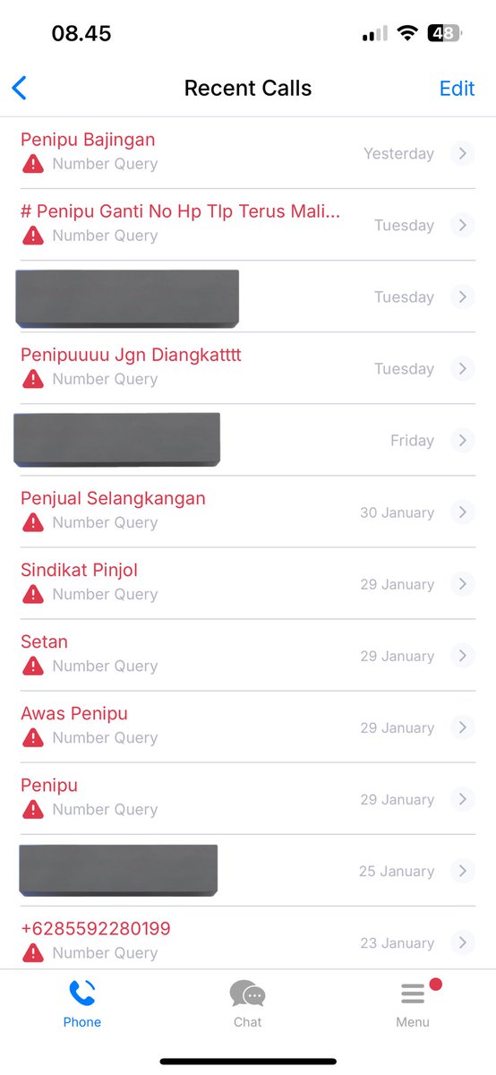Beberapa hari ini dibombardir sama telpon dari nomor-nomor berakhiran “1046” yang kalo dicek ke GetContact di tag sebagai penipu. Dan setiap hari ada nomor baru dengan akhiran yang sama.

Tolong ditindaklanjuti dong <a href="/kemkomdigi/">Kementerian Komunikasi dan Digital</a>