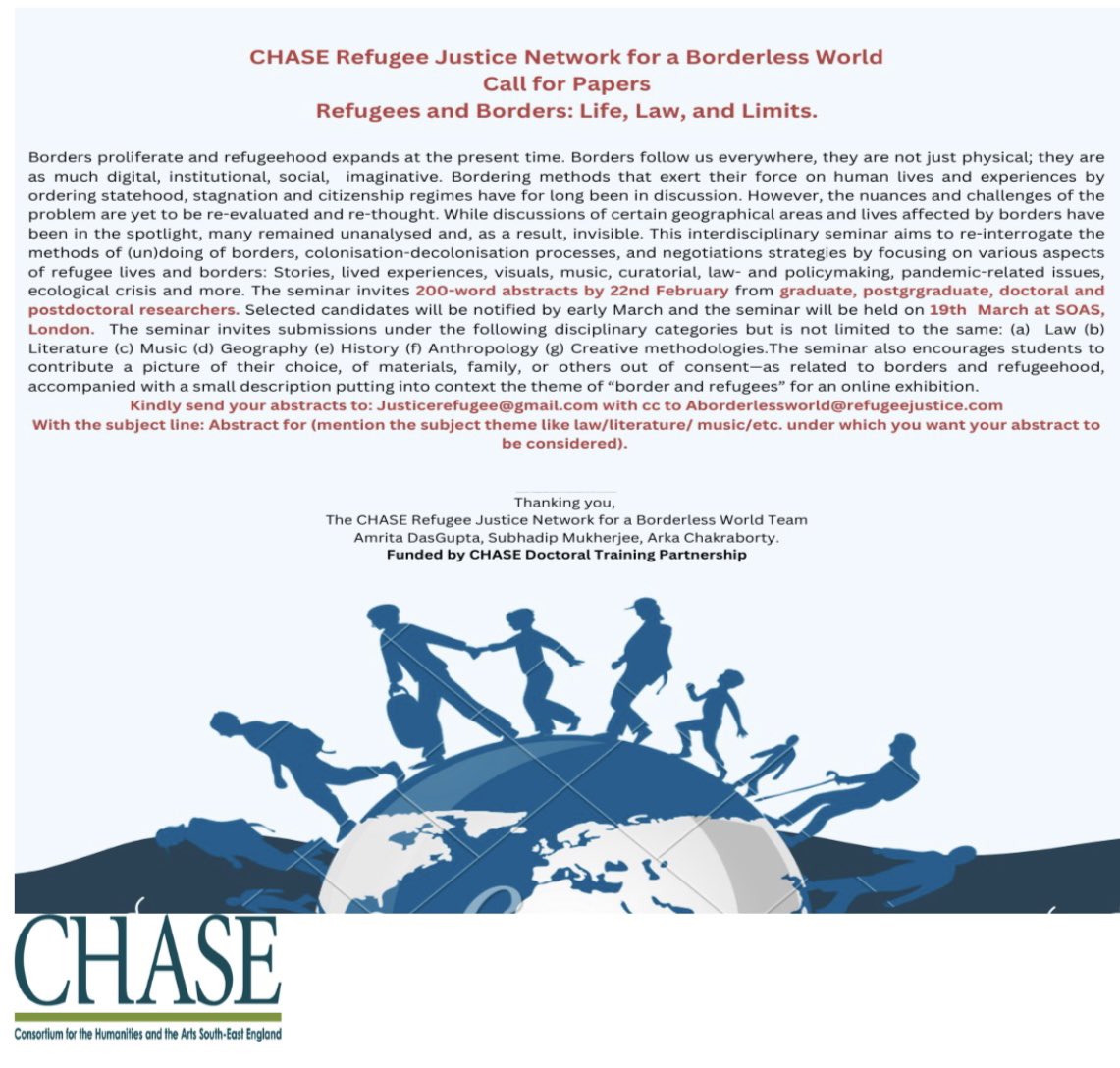 Amrita DasGupta, FHEA (@amritadasgupta9) on Twitter photo Hi All,
For the launch event of the <a href="/CHASE_DTP/">CHASE DTP</a> funded Refugee Justice Network for a Borderless World <a href="/SOAS/">SOAS University of London</a> we will be having a conference and online exhibition on “Refugees and Borders.” We would be very glad to receive your submissions. <a href="/ViewsofSubhadip/">Subhadip Mukherjee</a> <a href="/orkomusic27/">Arka Chakraborty</a> Hi All,
For the launch event of the <a href="/CHASE_DTP/">CHASE DTP</a> funded Refugee Justice Network for a Borderless World <a href="/SOAS/">SOAS University of London</a> we will be having a conference and online exhibition on “Refugees and Borders.” We would be very glad to receive your submissions. <a href="/ViewsofSubhadip/">Subhadip Mukherjee</a> <a href="/orkomusic27/">Arka Chakraborty</a>