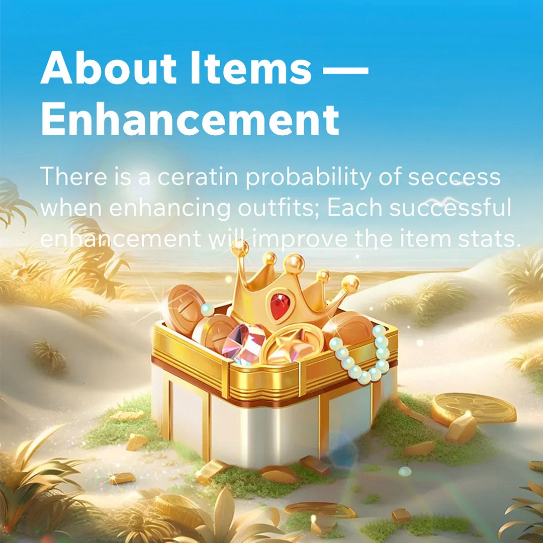 OakCityGlobal's tweet photo. About Items - Enhancement 
Only unlocked outfits can be enhanced; It will consume items and coins to enhance outfits; There is a certain probability of success when enhancing outfits; Each successful enhancement will improve the item stats; https://t.co/gySDe9tkXb