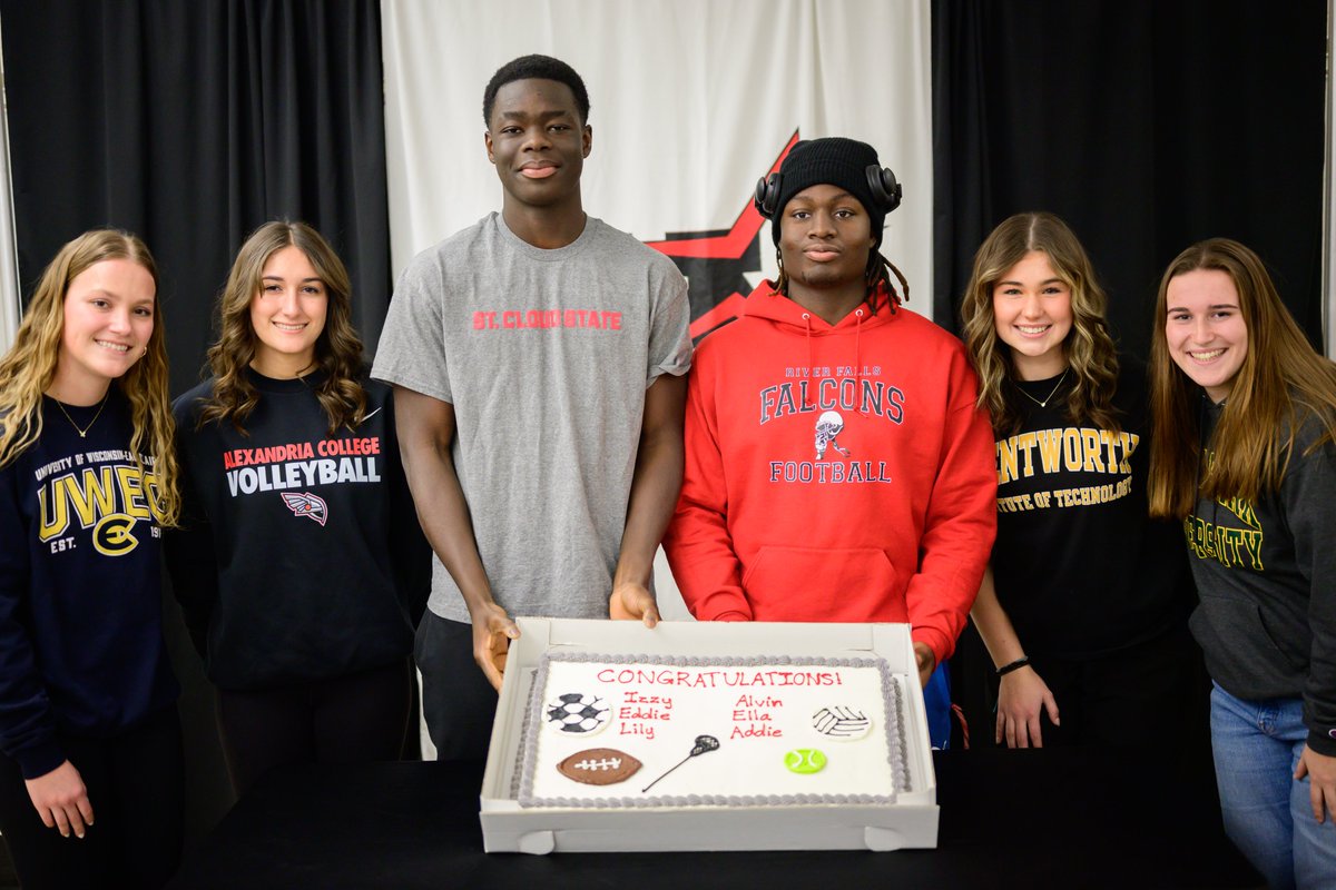 MonticelloMagic's tweet photo. This afternoon, we celebrated six student-athletes as they signed their intent to continue academics and athletics at the next level. 

Left to Right: 

Lily Kennedy: Tennis @ UWEC 

Ella DeMars: Volleyball @ Alexandria Tech 

Alvin Bropleh: Soccer @ SCSU 

Eddie Kennedy: Football @ UWRF 

Addie Kiphuth: Lacrosse at Wentworth Institute of Technology 

Izzy Cheney: Lacrosse at Point Park University 

Go Magic! 

#MontiMagic
