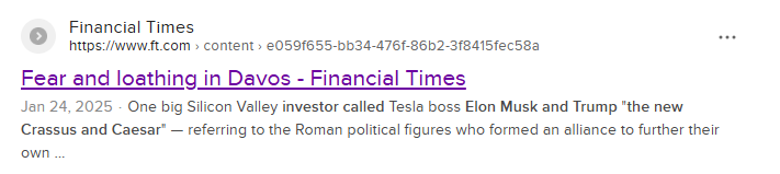 TrustaSigns's tweet photo. Big silicon valley investor called Elon and Trump the new "Crassus and Caesar" at Davos two weeks ago. https://t.co/RU5AUsH5Ca