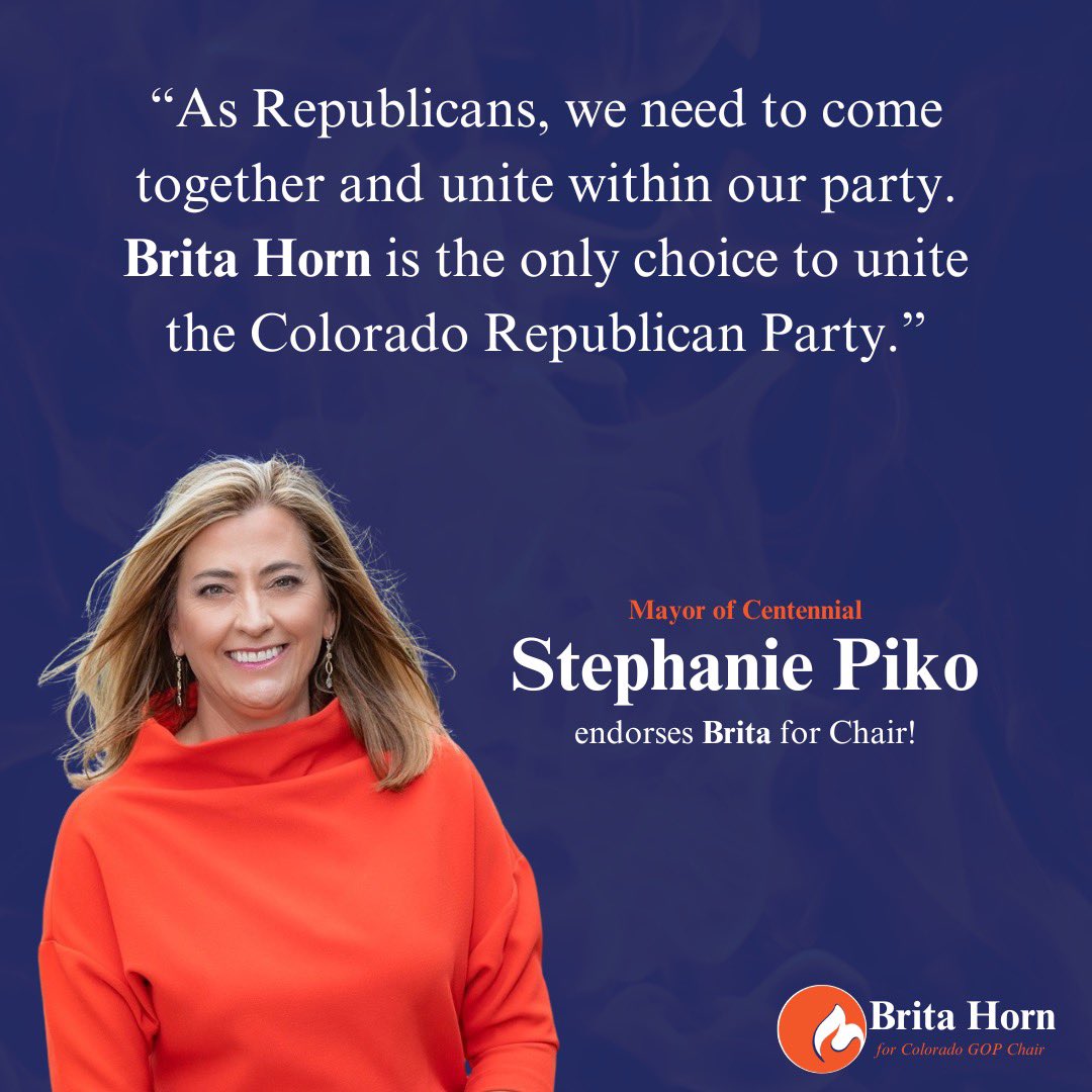 RealBritaHorn's tweet photo. Thank you, Mayor @stephpiko, for your endorsement! I truly appreciate your support and leadership. 
Together, we’re working to strengthen our communities and build a brighter future for Colorado GOP! 

#ColoradoFirst 
The Fire to Lead: 🔥🔥🔥
Uniting the #Colorado #GOP https://t.co/z4FOVO43dA