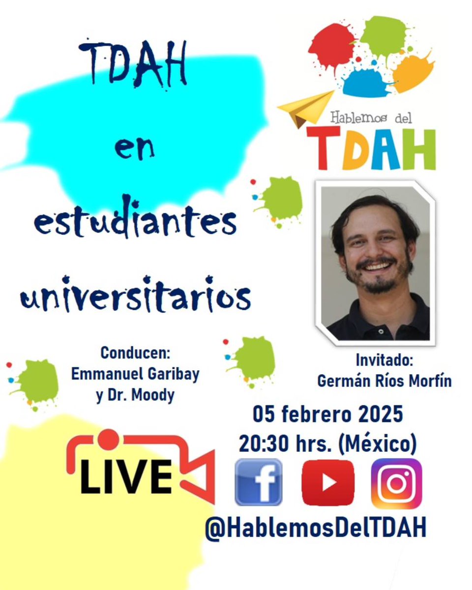 NeurodesarrolloyConducta (@nconducta) on Twitter photo TDAH en estudiantes universitarios. Este será el tema que discutiremos hoy en la transmisión en vivo de
<a href="/HablemosDelTDAH/">Hablemos del TDAH</a>. Tendremos como invitado al psicólogo Germán Ríos. Los esperamos a las 8:30 p.m. tiempo del Centro de México.
#HablemosDelTDAH #TDAH #SaludMental TDAH en estudiantes universitarios. Este será el tema que discutiremos hoy en la transmisión en vivo de
<a href="/HablemosDelTDAH/">Hablemos del TDAH</a>. Tendremos como invitado al psicólogo Germán Ríos. Los esperamos a las 8:30 p.m. tiempo del Centro de México.
#HablemosDelTDAH #TDAH #SaludMental