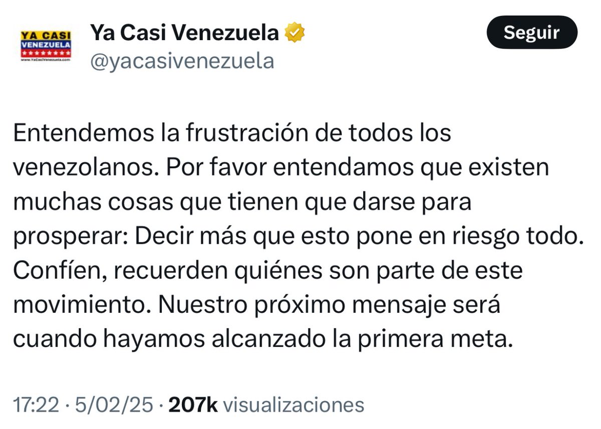 AlertaNews24's tweet photo. 🇻🇪 | Movimiento Ya Casi Venezuela: "Entendemos la frustración de todos los venezolanos. Por favor entendamos que existen muchas cosas que tienen que darse para prosperar: Decir más que esto pone en riesgo todo. Confíen, recuerden quiénes son parte de este movimiento. Nuestro próximo mensaje será cuando hayamos alcanzado la primera meta".