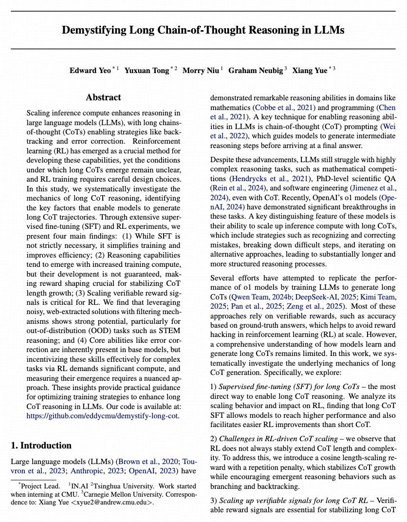 xiangyue96's tweet image. Demystifying Long CoT Reasoning in LLMs
arxiv.org/pdf/2502.03373
Reasoning models like R1 / O1 / O3 have gained massive attention, but their training dynamics remain a mystery. We're taking a first deep dive into understanding long CoT reasoning in LLMs!
11 Major…