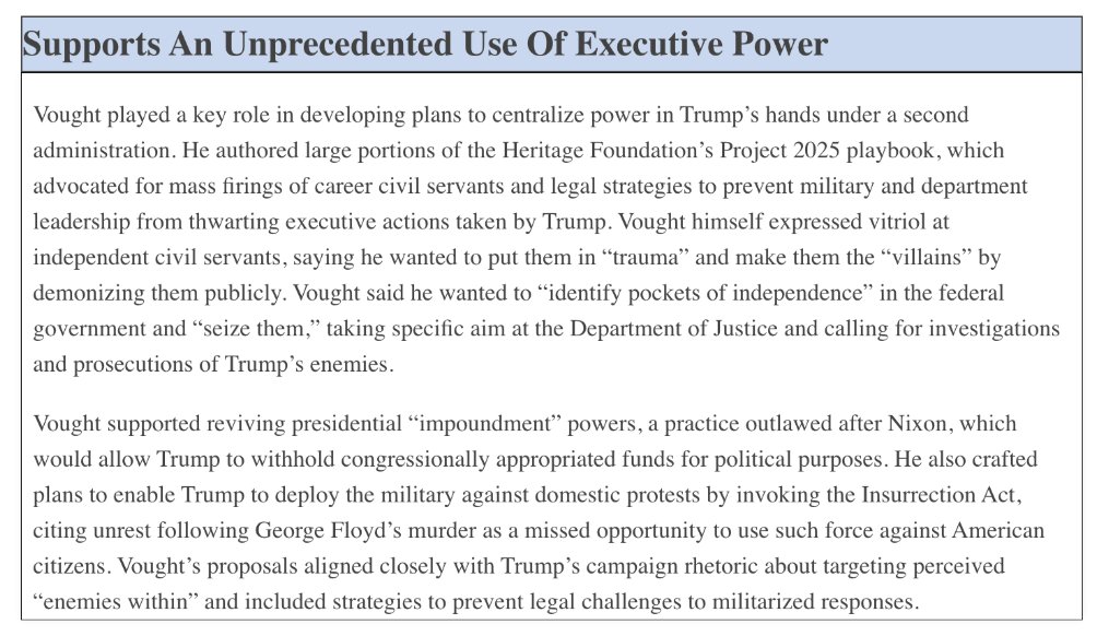 American_Bridge's tweet photo. Democrats are holding the Senate floor to resist Russel Vought’s nomination to OMB. The chaos he’s already caused to our government in Trump's name is dangerous and disqualifying.

Read about Vought’s record of centralizing Trump’s power on #MAGAFiles.
https://t.co/Q2xugdjTms https://t.co/KsdDa19OC7