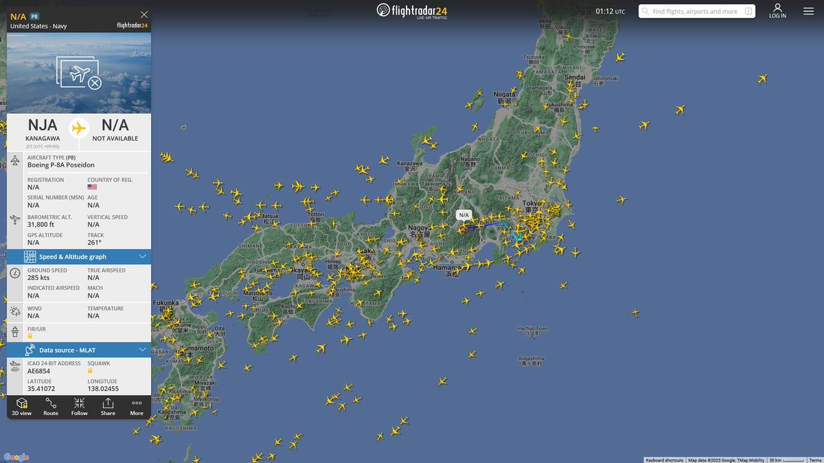 AIYeyENGDdJkjTr's tweet photo. Feb. 6, 2025
#Naval Air Facility Atsugi, Ayase #East China Sea

#NoCALLSIGN #AE6854 USN P-8A Poseidon 

Refueling
#Tokyo Yokota Air Base #East China Sea

#PEARL68 #AE065C USAF KC-135R Stratotanker https://t.co/NBv7fnEfba