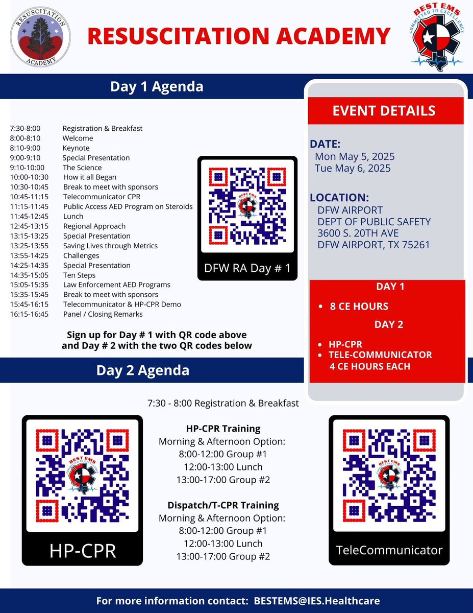 Join Us for our Next Resuscitation Academy that will be held at DFW Airport May 5th &amp; 6th. 

This will be an action packed event with interactive lectures on day 1 with Keynotes by Chief White of the DFW Airport Fire Department &amp; Chief Davis of Fort Worth Fire.