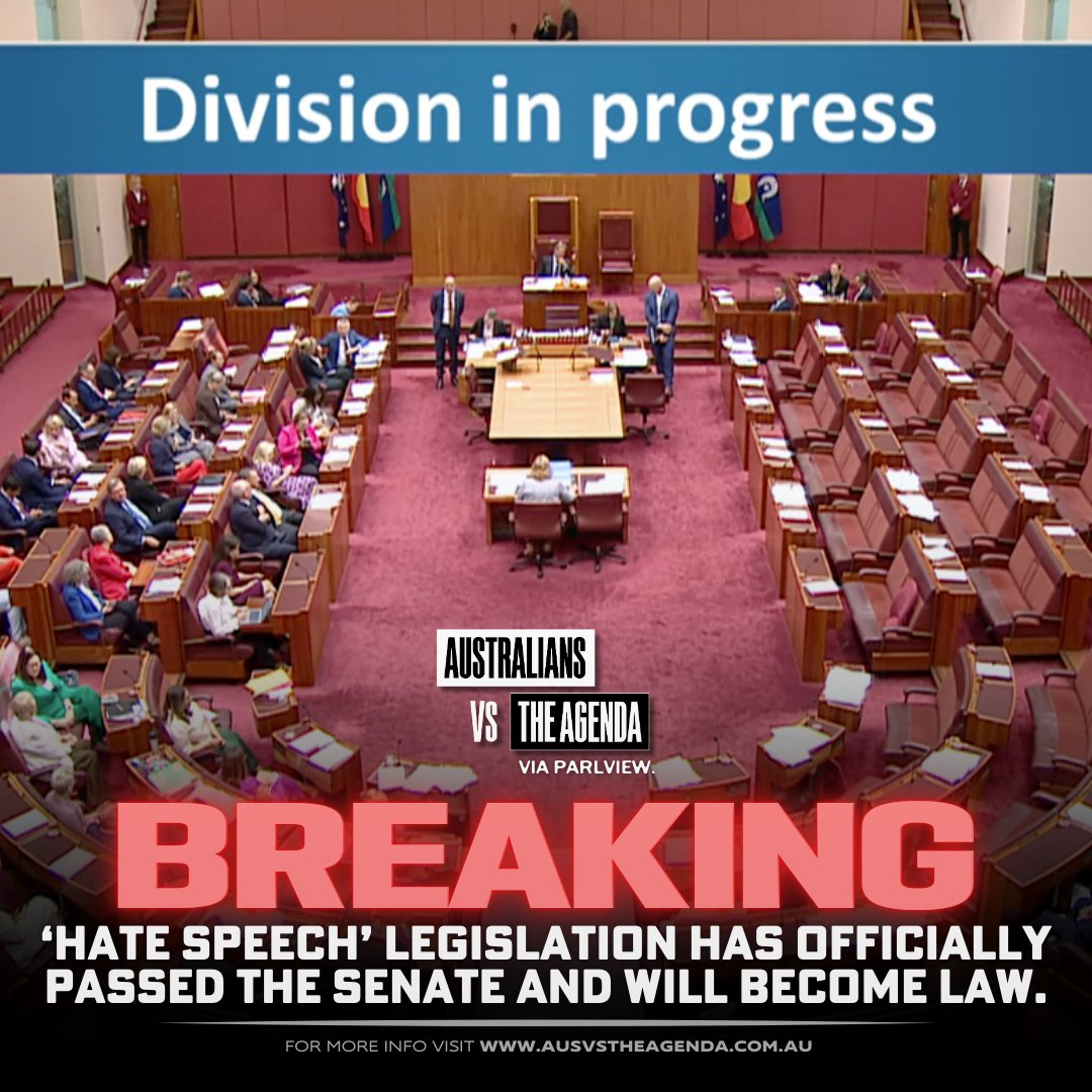 ausvstheagenda's tweet photo. 🚨BREAKING: The 'Hate Speech' bill has passed through the Senate, with Labor and Liberals delightfully exploiting alleged attacks on the Jewish community to advance their censorship agenda.

41 YES, 6 NO. https://t.co/FKc5xhbPEf