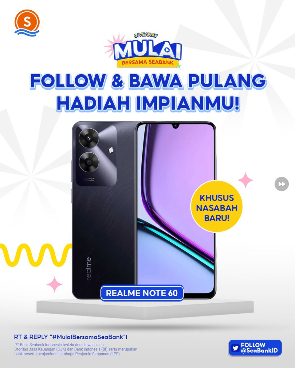 SeaBankID's tweet photo. HADIAH BARU: REALME NOTE 60! 🤩
#MulaiBersamaSeaBank

Caranya:
1. KHUSUS Nasabah baru yang mendaftar melalui link di bawah
2. FOLLOW TWITTER @SEABANK.ID
3. LIKE &amp; RT Tweet ini
4. REPLY "MULAI BERSAMA SEABANK"

CEK di slide ke 2!✨ https://t.co/IYZmyBVJjS