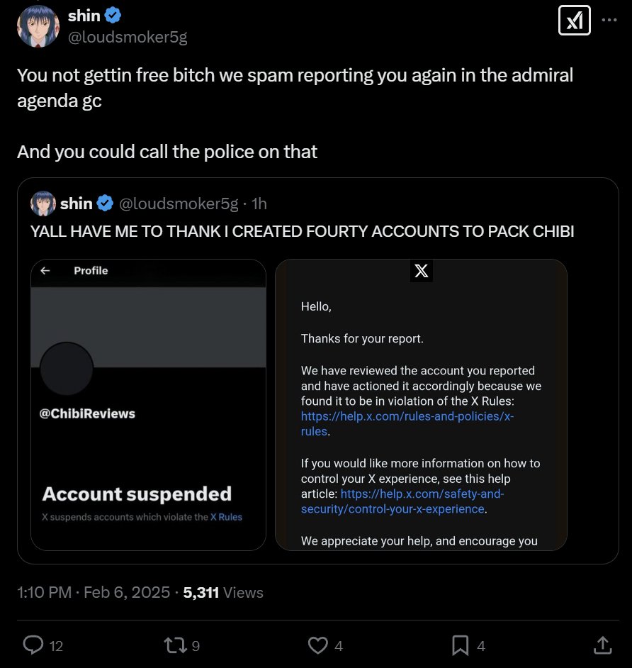 ...Imagine admitting and gloating about creating over fourty accounts to false flag someone to the point of suspension...

All because he had an opinion on anime you did not like.