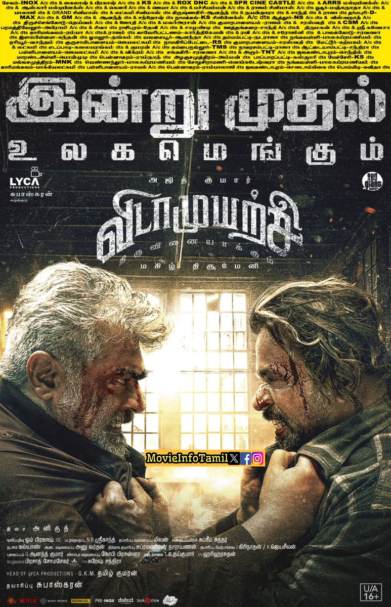 movieinfotamil's tweet photo. #VidaaMuyarachi Total Tamilnadu Theatres List 

#Chennai #Madura #Trichy #Tirunelveli #Coimbatore #Salem #NorthArcot #SouthArcot 

#விடாமுயற்சி தமிழ்நாட்டில் வெளியாகும் திரையரங்குகளின் பட்டியல் 

#AjithKumar
#VidaaMuyarchiFestival #VidaaMuyarchiBookings #VidaamuyarchiFromFeb6 https://t.co/5uAeyGfUdX