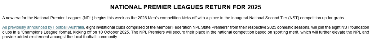 Football Australia has sent out an email announcing that the National Second Division will kick off on the 10th of October in a Champions League format with spots still up for grabs based on NPL league performances.