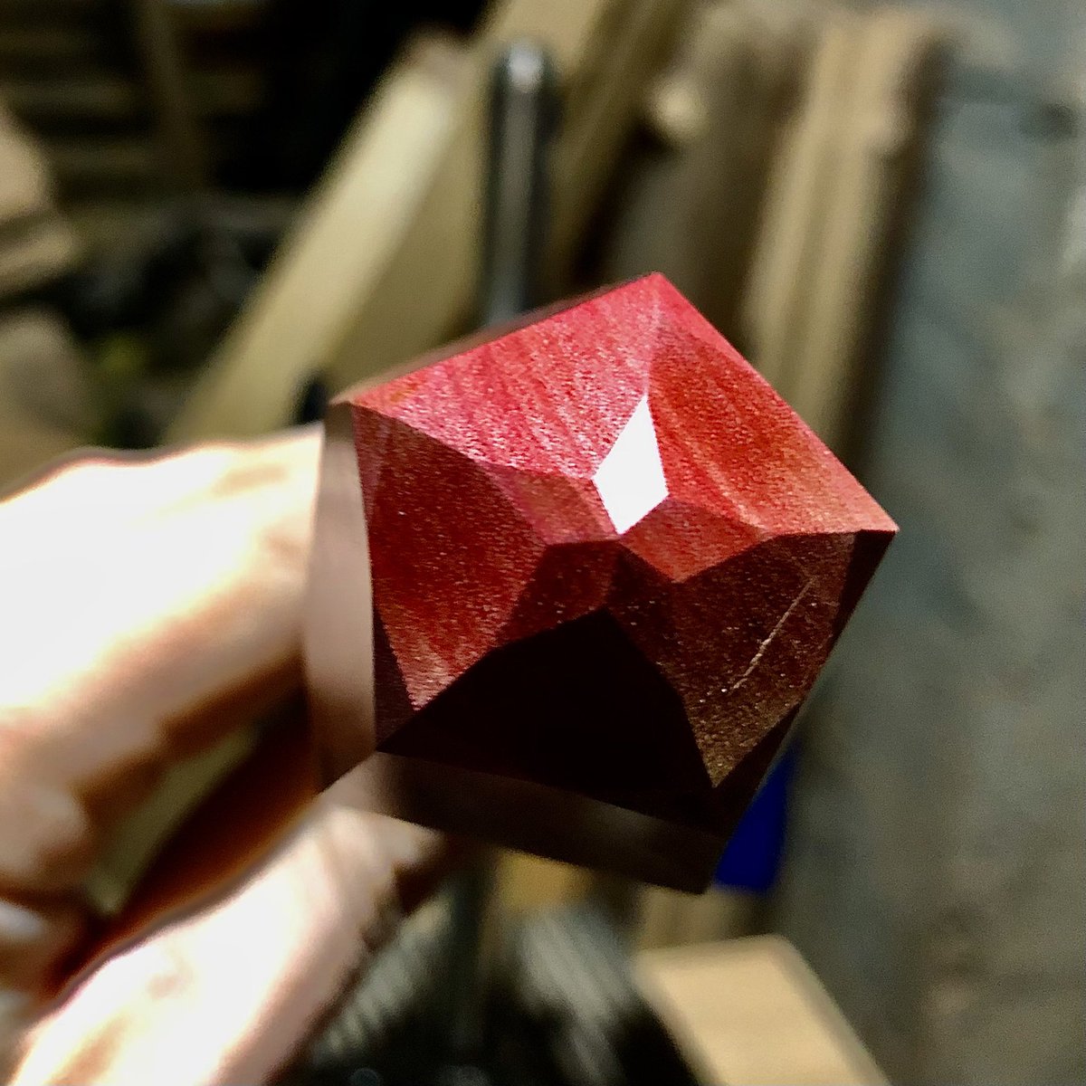 DruidCraft_Wood's tweet photo. Here’s some #progress pics on the Pink Ivory d20. As you can see, I’m braving the star cut pattern! The transformation from sharp edges to stars is dramatic. 

#ttrpg #dice #art #Jewelry #dicemaking #dnd #pf2e #woodwork #wood https://t.co/XoQWBZH4q1