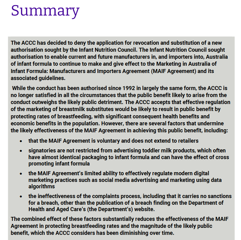 🔥 Big news for public health, mums and babies in Australia! The ACCC has denied the Infant Nutrition Council's bid to keep the baby food industry's self-regulatory marketing agreement (MAIF Agreement). Here's why that matters 🧵⬇️