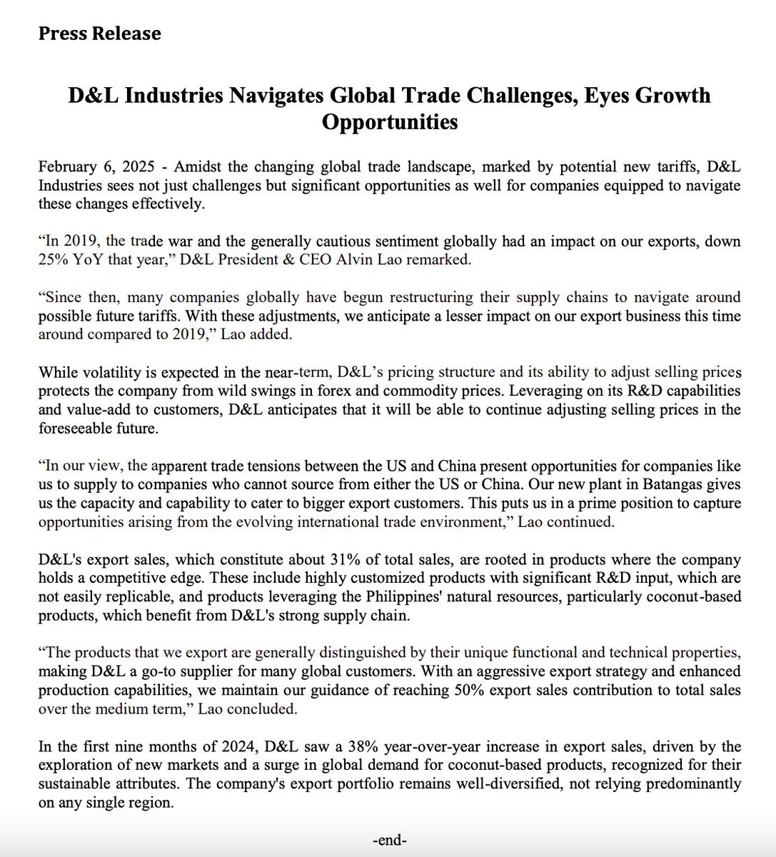 “In our view, the apparent trade tensions between the US and China present opportunities for companies like us to supply to companies who cannot source from either the US or China. Our new plant in Batangas gives us the capacity and capability to cater to bigger export customers.