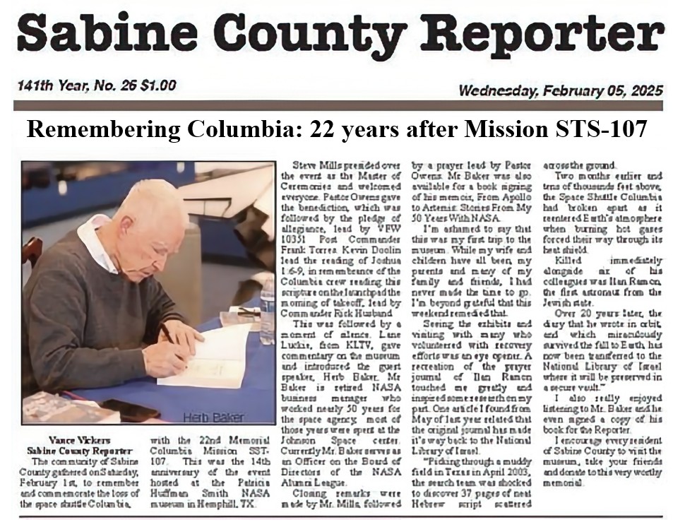 Today, for just the 2nd time in my life, my photo was on the front page of a newspaper (in East Texas). The story was about the event at the Remembering Columbia Museum in Hemphill, TX, on the 22nd anniversary of the Columbia accident where I spoke &amp; signed copies of my book.