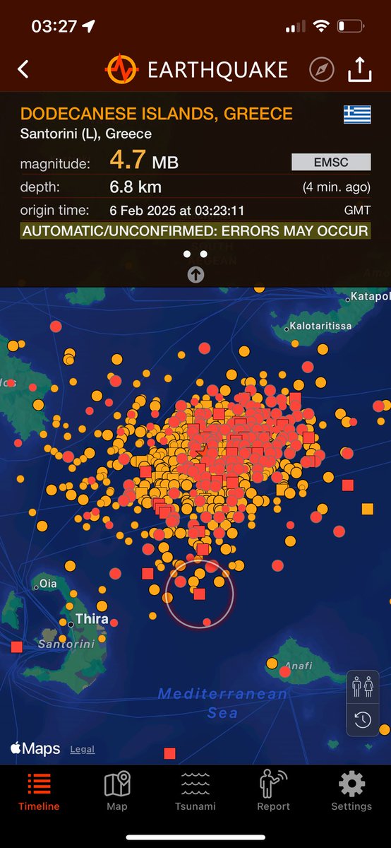 chemicalcarlt's tweet image. This is Santorini at the moment and  the earthquake activity is insane. Regular 4.0+ are coming in now. It’s a tense time I’m sure for all Greek people and we hope for a decrease in activity soon. #SantoriniVolcano #Greece #Volcano #eruption