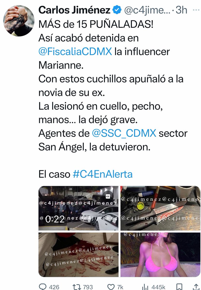 c4jimenez's tweet photo. PIDEN DONADORES de SANGRE para VALENTINA GILABERT
Es la joven apuñalada por la “influencer” Mariane Gonzaga.
Está en el Hospital @medicasur con lesiones en el cuello, tórax, manos…
Anoche Mariane la agredió en @AlcaldiaAO
@SSC_CDMX la detuvo.
@FiscaliaCDMX ya indaga. https://t.co/2rgMInvHr7