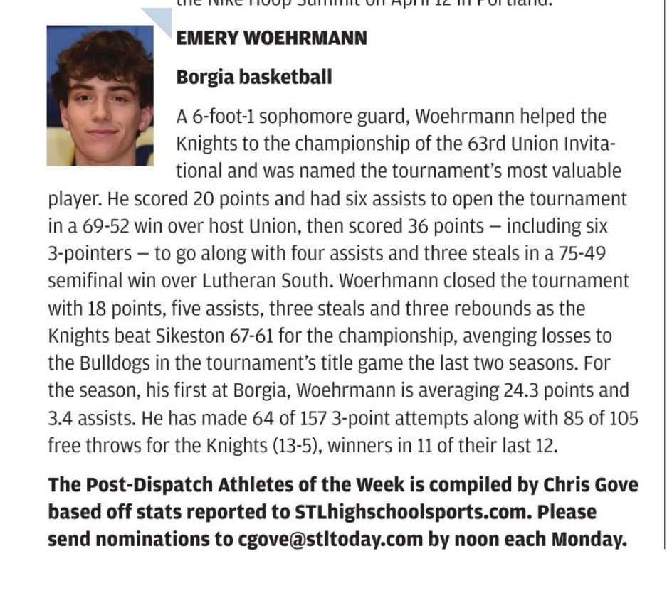 Congratulations Emery for being selected as one of the St. Louis Post-Dispatch athletes of the week!