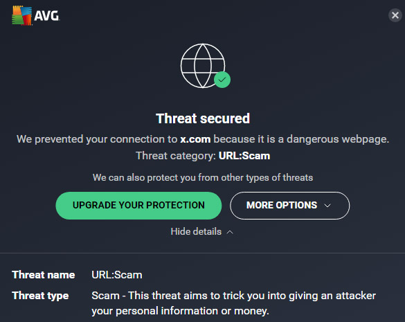 mrt7257's tweet image. Why AVG antivirus blocking Twitter? What scam? :-/