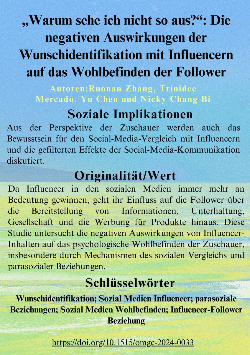 „Warum sehe ich nicht so aus?“ Basierend auf der Sozialen Vergleichstheorie und der Parasozialen Beziehungstheorie bietet hier im OMGC-Journal sich ein Überblick über die negativen Auswirkungen der Wunschidentifikation mit Influencern auf das Wohlbefinden der Follower.