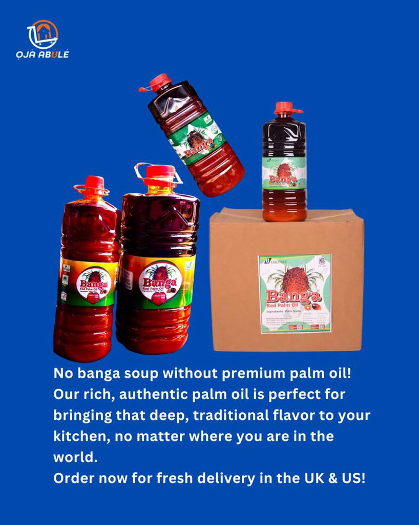 OjaAbule's tweet photo. No Banga Soup without Premium Palm Oil! 

Enjoy the rich, authentic taste of freshly processed palm oil, bringing that deep, traditional flavor straight to your kitchen—no matter where you are in the world! 

📦 Now delivering fresh to the UK &amp; US! Order today and enjoy the best. https://t.co/ZpKW9D4CeE