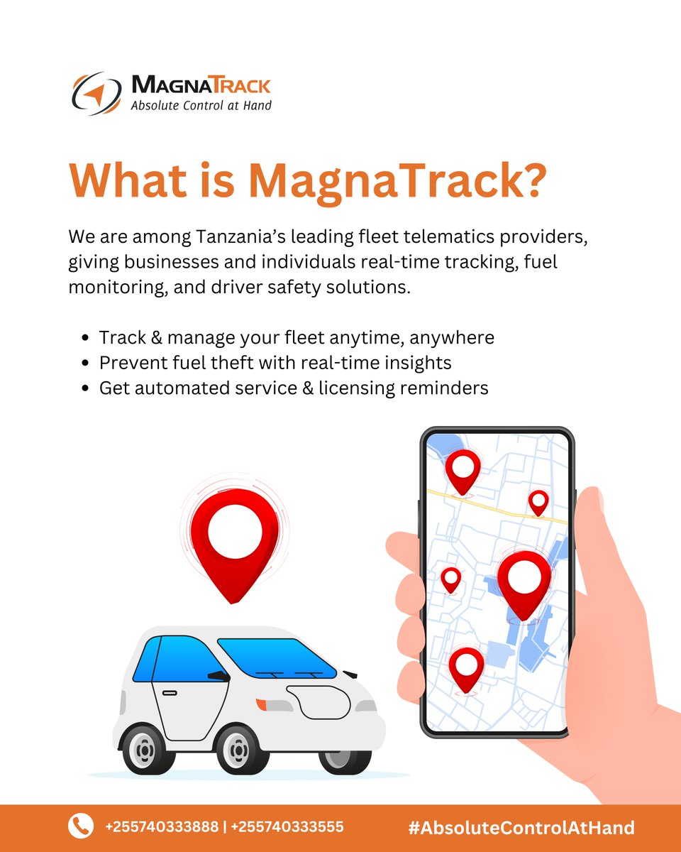 MagnaTrackTZ's tweet photo. What is #MagnaTrack?

We are Tanzania’s leading fleet telematics provider, giving businesses and individuals real-time tracking, fuel monitoring, and driver safety solutions.

#MagnaTrackTanzania #AbsoluteControl #FleetManagement #VehicleTracking #GPS #Tanzania https://t.co/xicuVY9M31