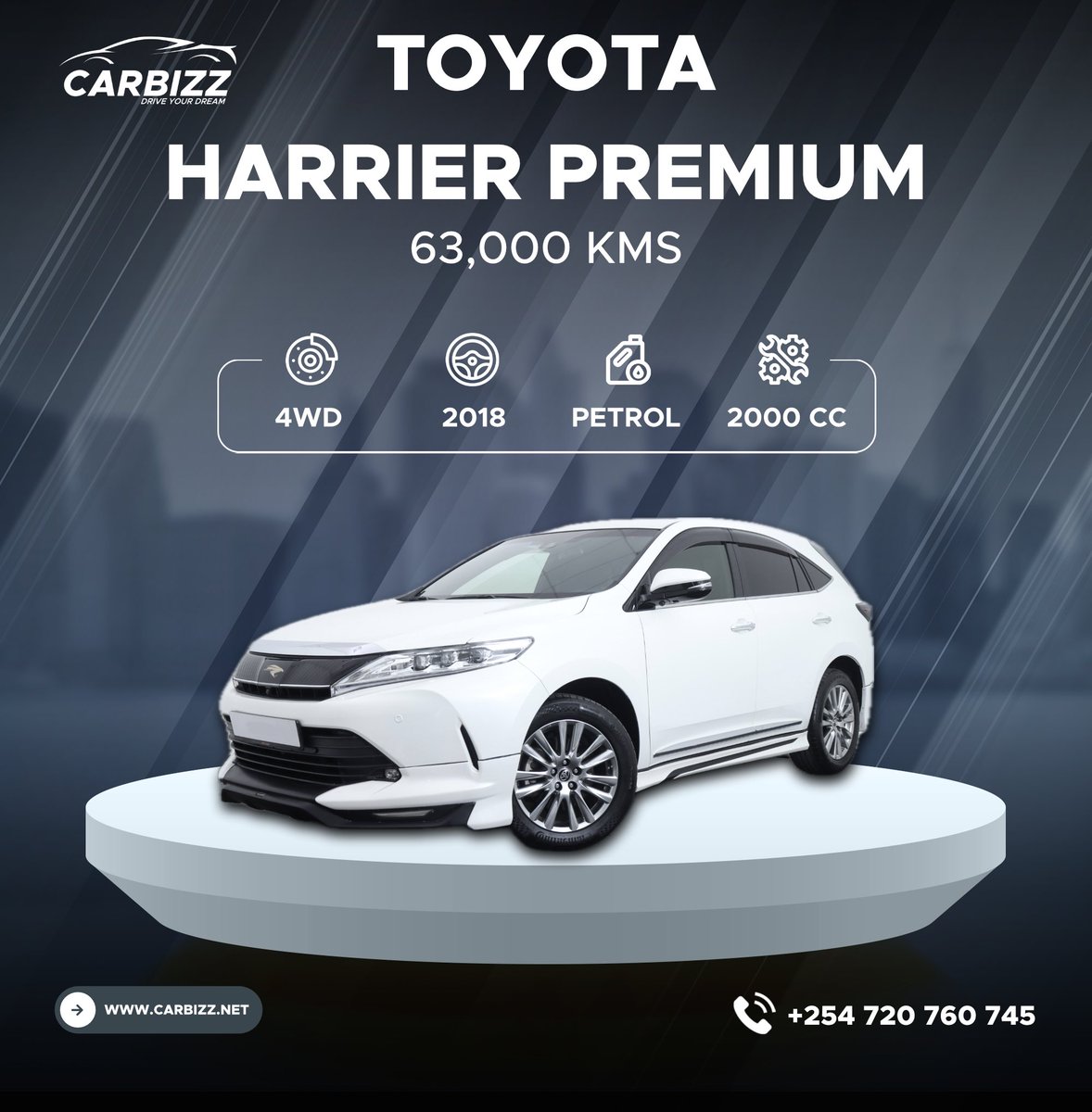 Toyota Harrier Premium 4WD – Experience Luxury and Performance  

Model: Toyota Harrier Premium 4WD  
Mileage: 63,000 kms  
Price: KSh 3,550,000  

The Toyota Harrier Premium 4WD is designed for those who seek a perfect blend of luxury, comfort, and power. With its sleek