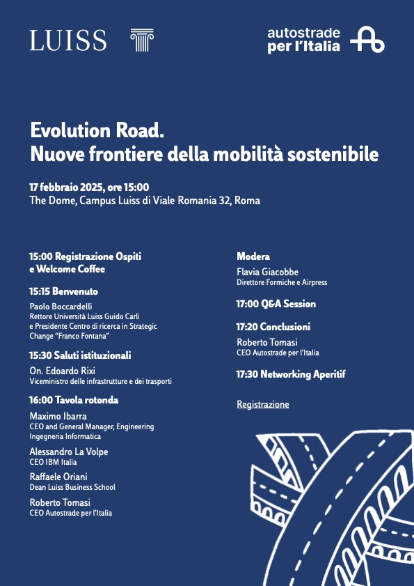 Paolo Boccardelli (@pboccardelli) on Twitter photo Lunedì 17 febbraio, "Evolution Road le nuove frontiere della mobilità sostenibile" organizzato dal Centro di Ricerca in Strategic Change “Franco Fontana” <a href="/UniLUISS/">Luiss Guido Carli</a> e <a href="/Muovy_ASPI/">Muovy di Autostrade per l’Italia</a>
<a href="/MaximoIbarra/">Maximo Ibarra</a> @alex_lavolpe
Per registrarsi: luiss.formstack.com/forms/evolutio… Lunedì 17 febbraio, "Evolution Road le nuove frontiere della mobilità sostenibile" organizzato dal Centro di Ricerca in Strategic Change “Franco Fontana” <a href="/UniLUISS/">Luiss Guido Carli</a> e <a href="/Muovy_ASPI/">Muovy di Autostrade per l’Italia</a>
<a href="/MaximoIbarra/">Maximo Ibarra</a> @alex_lavolpe
Per registrarsi: luiss.formstack.com/forms/evolutio…