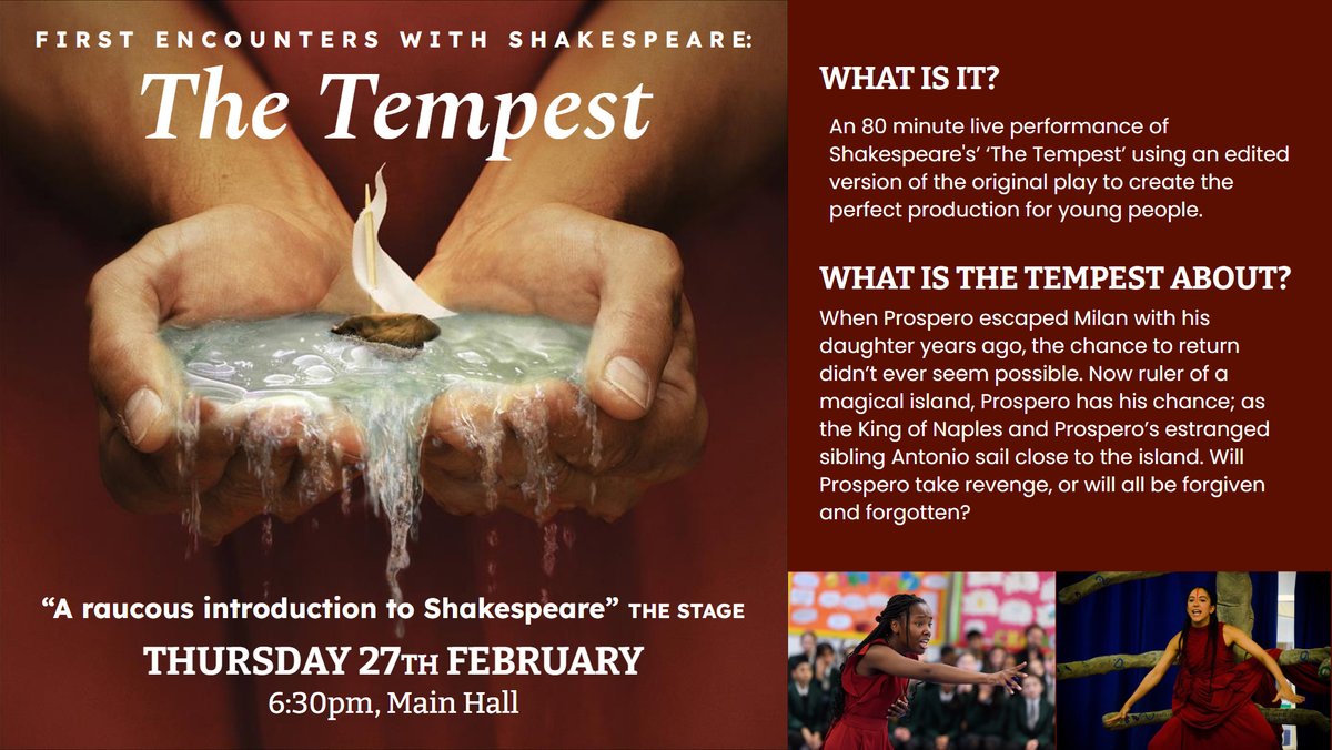 SelbyHigh's tweet photo. The Royal Shakespeare Company’s First Encounters tour of The Tempest will arrive at Selby High School on the 27th February at 6:30pm. 
🎟️Tickets: £3 for an adult and one child. 
🎟️Additional children: £1
Please contact Nicola Welsh with any questions: nw@selbyhigh.co.uk. https://t.co/q6Qm4IxJ55