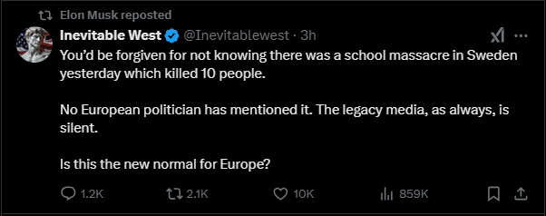 interjace's tweet photo. Honestly fuck Elon Musk for spreading misinformation that european media is not talking about the shooting in Örebro. This is an enormous tragedy over here https://t.co/X27Urs5qAg