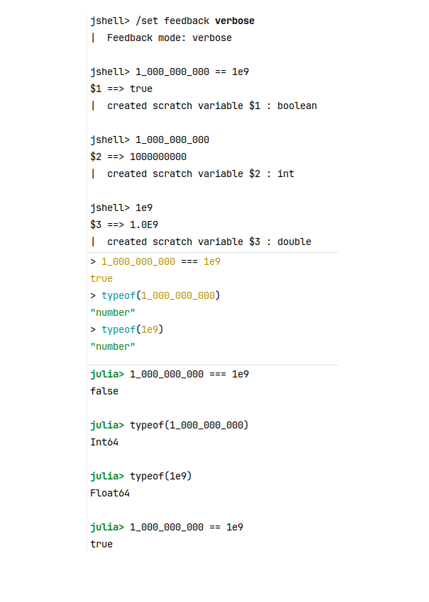 3j5a_'s tweet photo. 1000000000 - 🤬
1_000_000_000 - ☺️
1e9 -🧘
#Java #JavaScript #JuliaLang (beware of types) https://t.co/0TvenWDM50