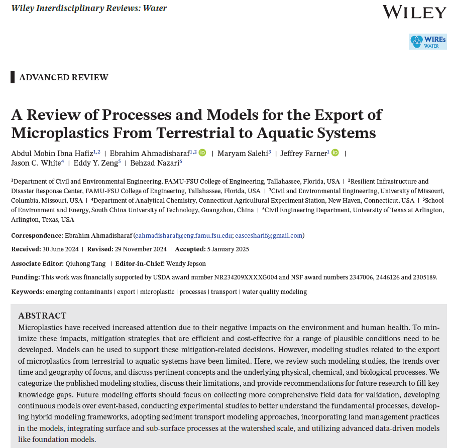 New paper in <a href="/WIREs_Reviews/">Wiley Interdisciplinary Reviews</a> led by my PhD student
<a href="/Mobin_hafiz_/">Abdul Mobin</a>! 

We provide the first review of processes and models for predicting the export of microplastics from terrestrial to aquatic systems. Thanks to <a href="/NSF/">U.S. National Science Foundation</a> &amp; <a href="/USDA/">Dept. of Agriculture</a> for the financial support.

doi.org/10.1002/wat2.7…