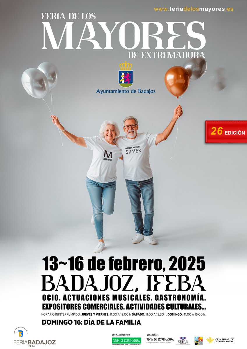 Feria de los Mayores de Extremadura (@feriamayoresex) on Twitter photo Vuelve... ¡La #FeriadelosMayores! #Extremadura
Con el objetivo de concienciar y contribuir al envejecimiento activo, este evento celebrará su 26ª edición del 13-16 de febrero en <a href="/feriabadajoz/">FERIA BADAJOZ IFEBA</a>
Actuaciones en directo, degustaciones, charlas, actividades culturales, talleres... Vuelve... ¡La #FeriadelosMayores! #Extremadura
Con el objetivo de concienciar y contribuir al envejecimiento activo, este evento celebrará su 26ª edición del 13-16 de febrero en <a href="/feriabadajoz/">FERIA BADAJOZ IFEBA</a>
Actuaciones en directo, degustaciones, charlas, actividades culturales, talleres...
