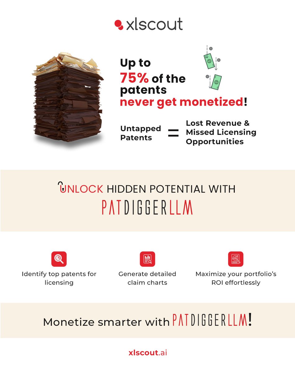 XLSCOUT (@xlscout) on Twitter photo Why let #valuable #assets sit idle when #PatDiggerLLM can transform your #portfolio?
Powered by our proprietary #ParaRANK, #LLMs, & #GenAI, #PatDiggerLLM analyzes #patentportfolios with precision to unlock patents with hidden value.
Reach out at contact@xlscout.com!
#SOC2 #AI Why let #valuable #assets sit idle when #PatDiggerLLM can transform your #portfolio?
Powered by our proprietary #ParaRANK, #LLMs, & #GenAI, #PatDiggerLLM analyzes #patentportfolios with precision to unlock patents with hidden value.
Reach out at contact@xlscout.com!
#SOC2 #AI