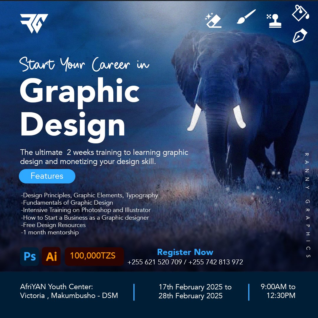 sajo_mwaihabi's tweet photo. Huu ni mfululizo wa Nne katika program yetu ya kuwafundisha vijana wanaopenda Graphics.

@rannygraphics ametuletea Tena ile Masterclass ya Adobe Photoshop na Illustrator kwa siku 11. Kuanzia tarehe 17-28 Feb.

Nafasi zinazidi kupungua, jiandikishe kwa ada ya Tsh 100k tu. https://t.co/o1eYGHsNgn