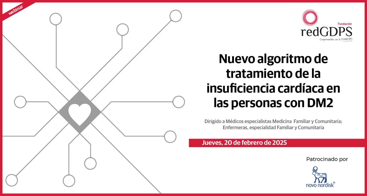 🔰El nuevo algoritmo de tratamiento de la #insuficienciacardíaca en las personas con #DM2
Nuevo Webinar el próximo 2⃣0⃣ de febrero a las 1⃣8⃣h.
Otro Imprescindible para las consultas de #atenciónprimária
#Diabetes 
Toda la información en:
redgdps.org/webinar-20-feb…