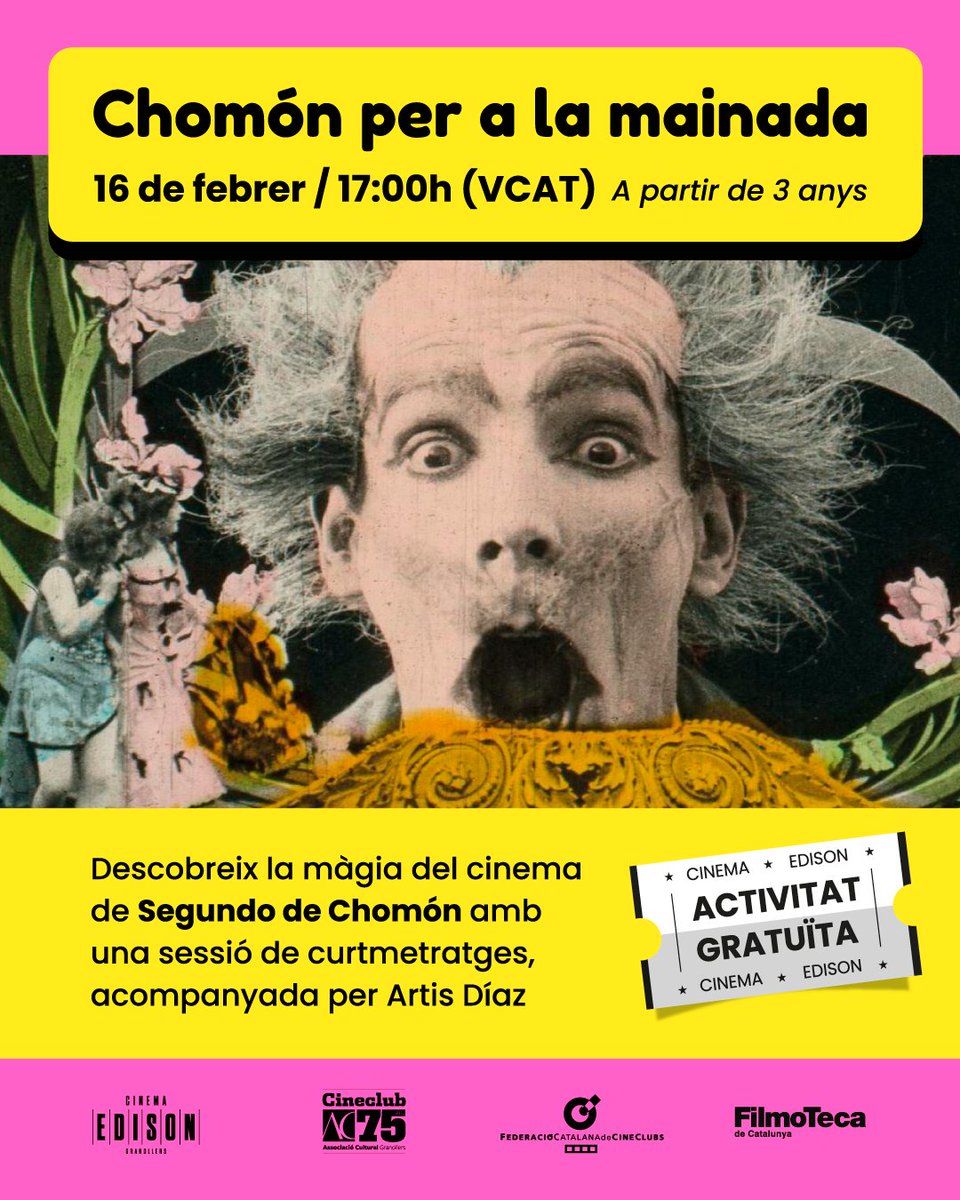 edisoncinema's tweet photo. 💖 Activitat familiar gratuïta a l’Edison!
🎬🌠 Chomón per a la mainada #PetitEdison
🗓 Diumenge 16/02 a les 17:00h (VO)
😉 Podreu veure tres dels seus curtmetratges amb l’acompanyament de l’Artis Díaz!
Amb la @Fedcatcineclubs i la @filmotecacat!
🔗 https://t.co/CM7K4z1lzl! https://t.co/PtzFx5To2o