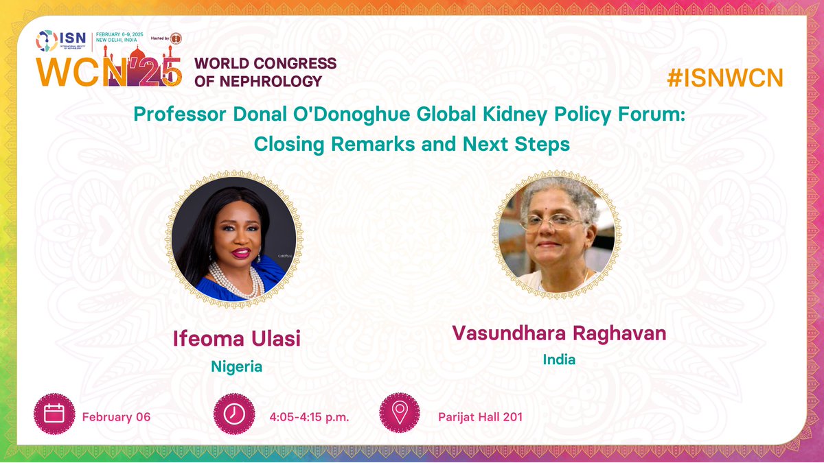 Int Society of Nephrology (@isnkidneycare) on Twitter photo The Professor Donal O’Donoghue Global Kidney Policy Forum starts now at #ISNWCN
📍 ICCA Dwarka, Parijat Hall 201
🕒 Feb 6, 2025 | 2:15 – 4:15 PM IST
Join key voices from health ministries, <a href="/WHO/">World Health Organization (WHO)</a>, and nephrologists to tackle Southeast Asia’s kidney disease burden. The Professor Donal O’Donoghue Global Kidney Policy Forum starts now at #ISNWCN
📍 ICCA Dwarka, Parijat Hall 201
🕒 Feb 6, 2025 | 2:15 – 4:15 PM IST
Join key voices from health ministries, <a href="/WHO/">World Health Organization (WHO)</a>, and nephrologists to tackle Southeast Asia’s kidney disease burden.