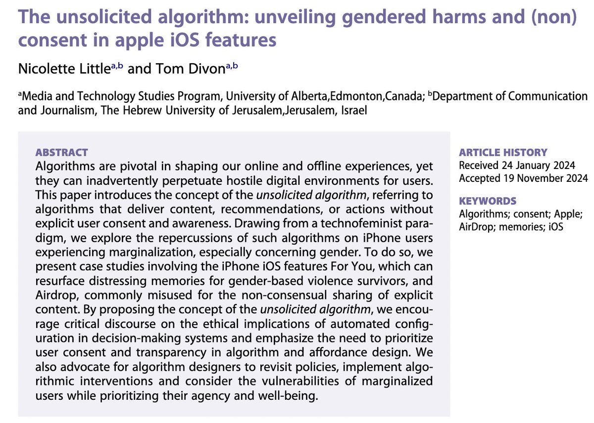 <a href="/NicoletteLittl/">Nicolette Little, PhD</a> in a brill piece on nostalgia-driven Memories &amp; harm for users! Our co-research, building on the 'Unsolicited Algorithm' (👇), pushes back against the lazy 'just log off' narrative, demanding safer, more inclusive design to mitigate trauma tandfonline.com/doi/full/10.10…
