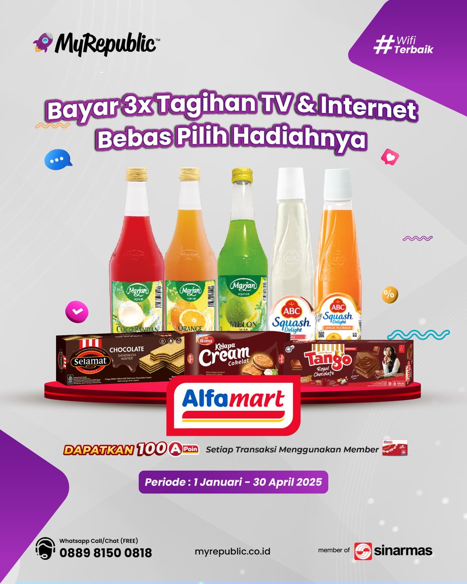 Bayar 3x tagihan MyRepublic di Alfamart dan bebas pilih hadiah favorit kamu! Plus, dapatkan tambahan 100 A Poin dengan setiap transaksi menggunakan Member Alfamart.

Periode: 1 Januari - 30 April 2025

📌 Ayo segera ke Alfamart terdekat dan nikmati berbagai keuntungannya! 🎉