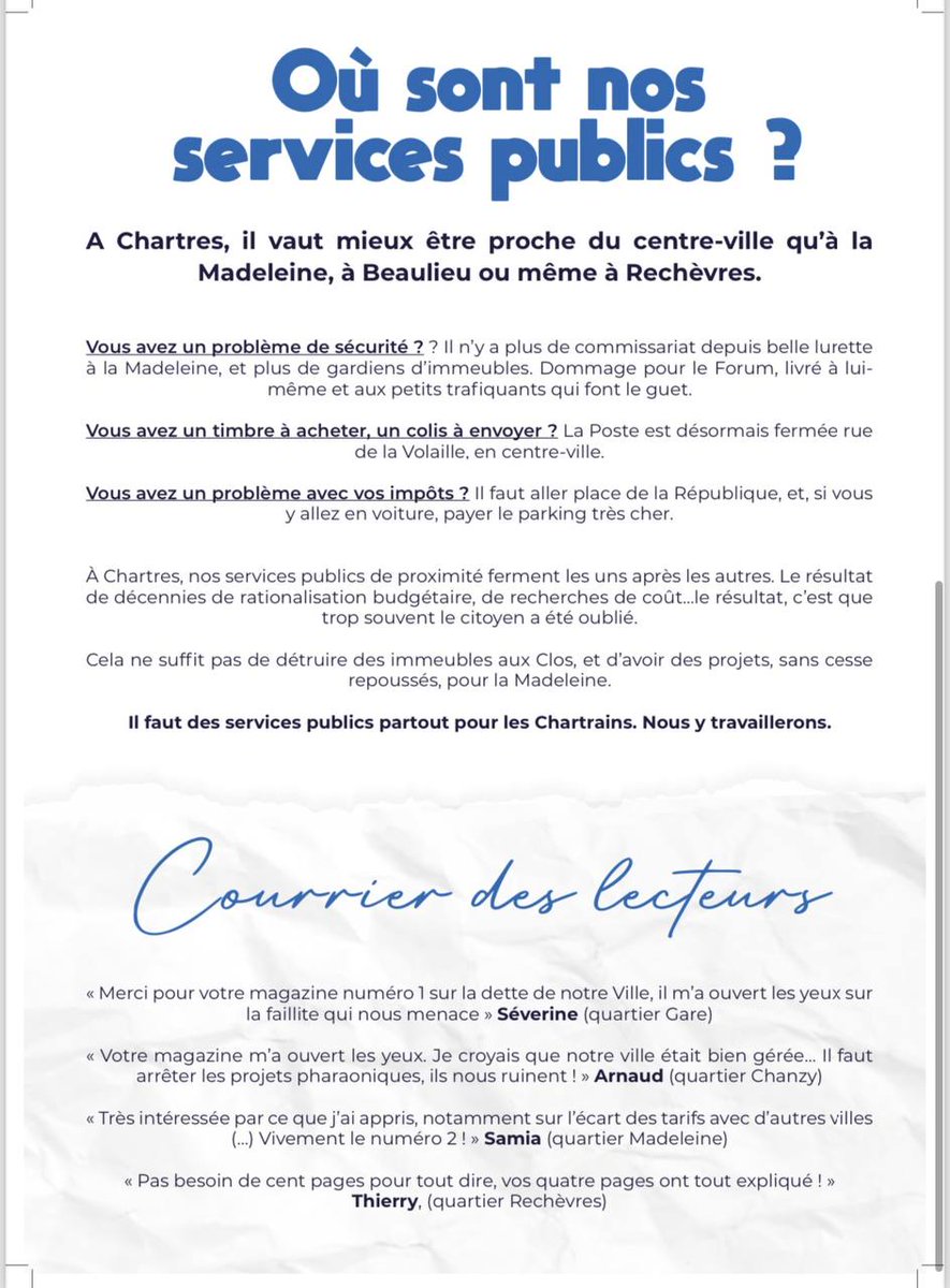 "LE CHARTRAIN LIBRE" numéro 2 dans vos boites aux lettres chartraines: "Le Désert de Chartres"

- SANTE : nous manquons terriblement de médecins, en particulier de médecins généralistes. Se soigner ne devrait pas être un parcours du combattant dans une agglomération de 140 000