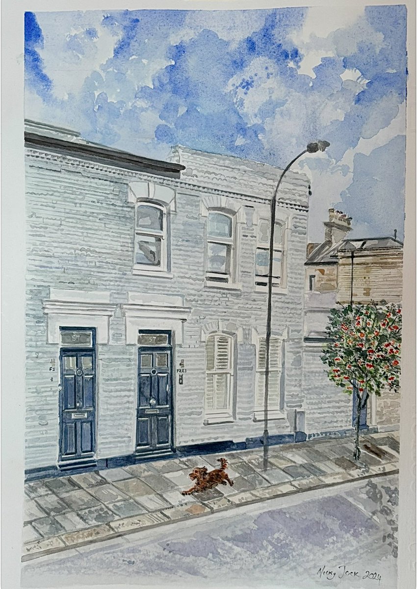 nickyjackart's tweet photo. Whizzing into Thursday… a recent capture with abundance of whizzy energy #homeportrait #cockerspaniel #watercolour #fulham 💙 https://t.co/cgE5vl6FWO