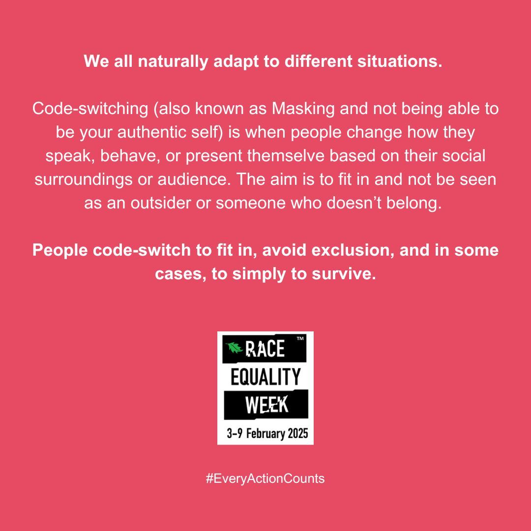 How often do you find yourself changing the way you act &amp; speak in the workplace 
to fit in? Today's theme for REW is Code-Switching/Masking. Find out more &amp; take part  in the 5-Day Challenge on the Hub #EveryActionCounts