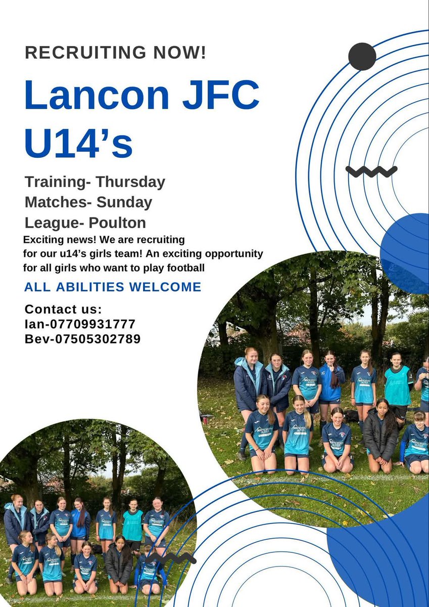 Players wanted!

U14s girls football team, 
(Years 8 &amp; 9).
Friendly team, all abilities welcome.
Based South Ribble/ Preston area.

If interested see contacts below.
⚽️⚽️⚽️
<a href="/JfcLancon/">Lancon JFC</a>
<a href="/PDPLLeague/">PDPL League</a> 
#grassrootsfootball 
#girlsfootball 
#lanconforlife