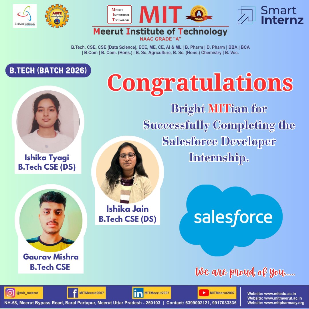 MITMeerut07's tweet image. 🎉 Kudos to the B.TECH CSE &amp;amp; CSE (DS) graduates Batch 2026! 🎉

#SmartBridge #AICTE #BTECH #CSE #CSE_DS #InternshipCompletion #SuccessAhead #FutureReady #CareerOpportunities