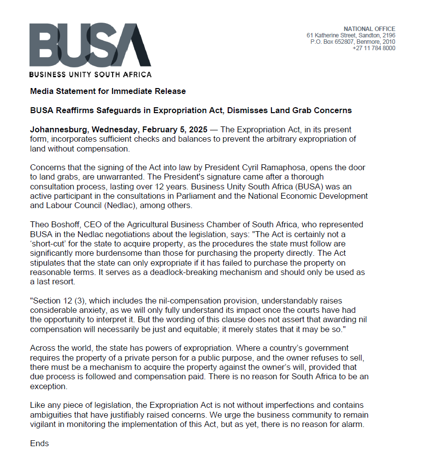 Business Unity South Africa (BUSA) Reaffirms Safeguards in Expropriation Act, Dismisses Land Grab Concerns